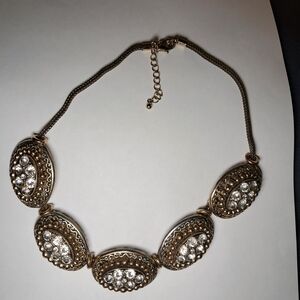 Antique Style Statement Choker Necklace w/ Goldtone Metal & Clear Crystals